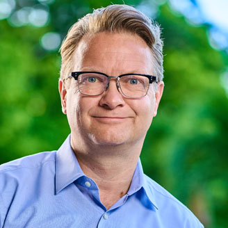 a man in a blue shirt